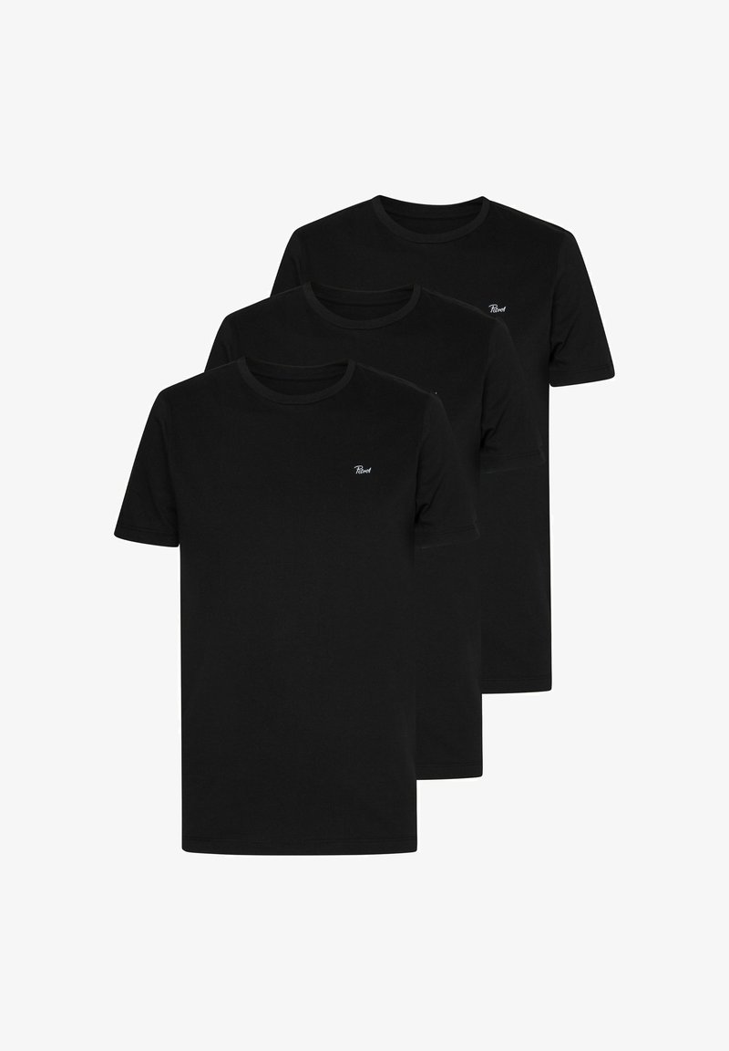 Balení tří černých bavlněných triček. Klasický design s kulatým výstřihem, krátkými rukávy a malým vyšitým logem na hrudi.
