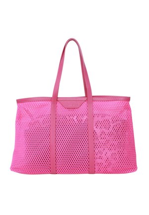 Borsa tote in rete rosa brillante con manici solidi e rifinitura, forma rettangolare spaziosa, progettata per trasportare vari oggetti.