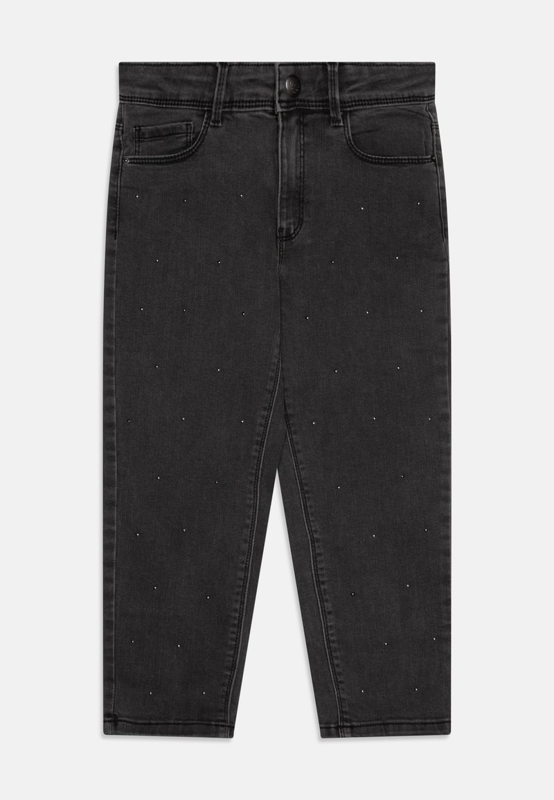 Jeans de mezclilla negros con diseño recortado, con adornos de rhinestones esparcidos por la tela. Estilo clásico de cinco bolsillo.