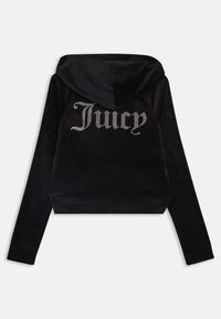 Felpa corta in velluto nero con cappuccio, maniche lunghe e decorazione in strass argentati che spellano "Juicy" sul retro.