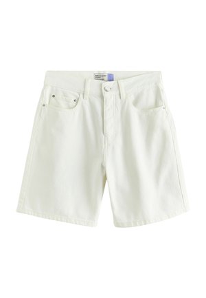 Hvide denim Bermuda-shorts med bæltestropper, knappelukning foran, lynlås og fem-lomme-design.