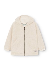 Veste en polaire crème à fermeture éclair sur le devant, avec capuche, deux poches avant et poignets côtelés. Présente une petite étiquette de marque sur le côté inférieur.