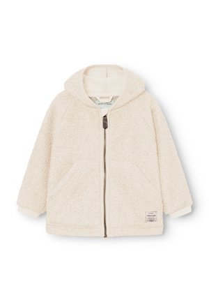 Veste en polaire crème à fermeture éclair sur le devant, avec capuche, deux poches avant et poignets côtelés. Présente une petite étiquette de marque sur le côté inférieur.