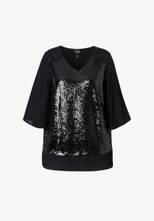 Black top with a V-neck, featuring a sequin front and solid fabric sleeves. Sheer material on sleeves, overall loose fit, and smooth texture.