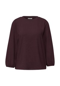 Burgundowy longsleeve wykonany z miękkiego materiału, z okrągłym dekoltem i bufkami na rękawach, o luźnym kroju i prążkowanym wykończeniu.