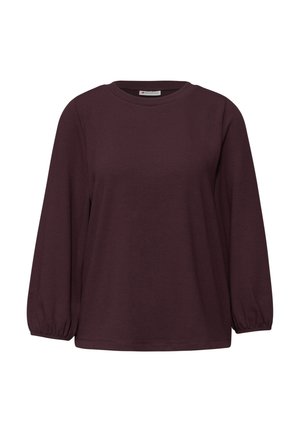 Burgundy long-sleeve top made of soft fabric, featuring a round neckline and gathered puff sleeves, with a loose fit and ribbed hem.