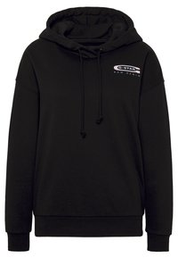 Sudadera negra hecha de una tela suave, con capucha ajustable, puños y bajo acanalados, y un logotipo multicolor en la parte delantera.