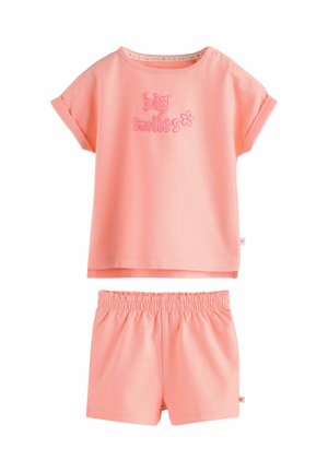 Weiches rosa Kurzarmoberteil mit "big smiles" Text und Blume, kombiniert mit passenden Shorts mit elastischem Bund für Kleinkinder.