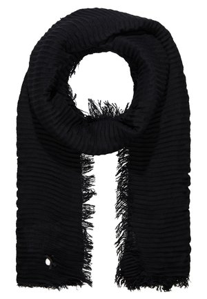 Zwarte geribbelde sjaal met franjes aan de randen, opgevouwen in een lus met beide uiteinden naar beneden hangend.