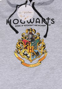 Szara bluza z kapturem z napisem "HOGWARTS" i kolorowym herbem Hogwartu z lwem, orłem, wężem i borsukiem z przodu.