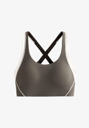 Grauer Sport-BH mit weißen Seitenpaneelen und schwarzen gekreuzten Trägern auf der Rückseite, entwickelt für Halt und aktive Bewegung.