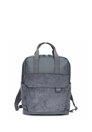 Zaino grigio con tasca frontale in velluto a coste, doppie maniglie imbottite, spallacci regolabili e chiusura con cerniera, posizionato su sfondo bianco.