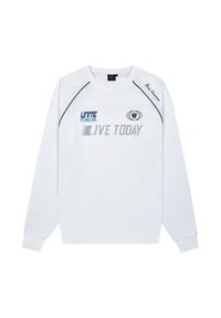 Witte sweatshirt met lange mouwen, geribbelde ronde halslijn, zwarte accenten en geprinte tekst "UNITE FOREVER" en "LIVE TODAY" in verschillende kleuren.