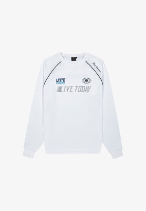 Witte sweatshirt met lange mouwen, geribbelde ronde halslijn, zwarte accenten en geprinte tekst "UNITE FOREVER" en "LIVE TODAY" in verschillende kleuren.