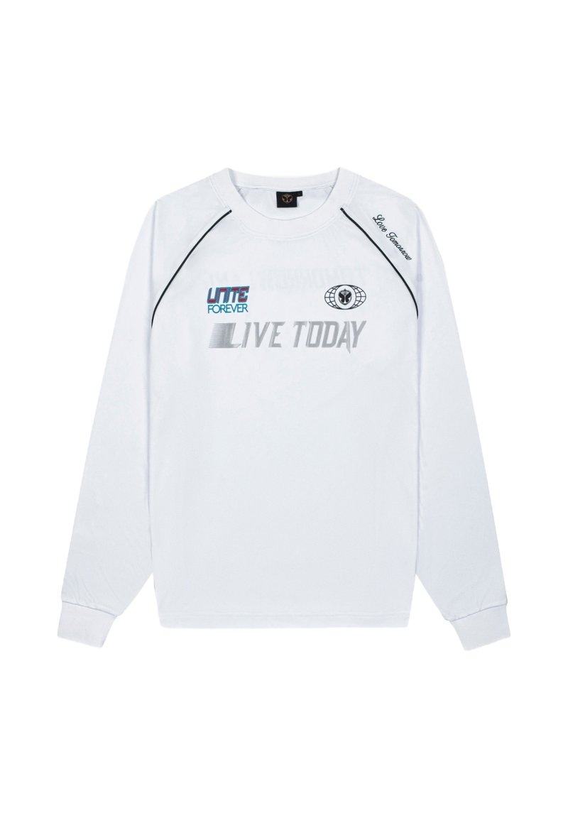 Witte sweatshirt met lange mouwen, geribbelde ronde halslijn, zwarte accenten en geprinte tekst "UNITE FOREVER" en "LIVE TODAY" in verschillende kleuren.