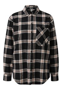Zwart-wit geblokt flanellen shirt met grijze en roze accenten, lange mouwen, knoopsluiting aan de voorkant en een borstzak. Zachte textuur.