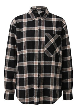 Zwart-wit geblokt flanellen shirt met grijze en roze accenten, lange mouwen, knoopsluiting aan de voorkant en een borstzak. Zachte textuur.