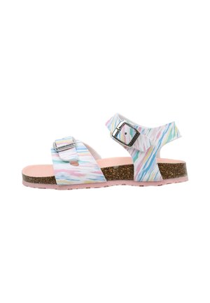 Sandalia infantil con tiras multicolor en tonos pastel, hebillas plateadas ajustables, plantilla de corcho y suela rosa, vista lateral sobre fondo blanco.