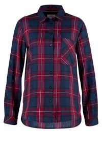 Chemise à carreaux rouge et bleu marine à boutons, avec col, manches longues, poche poitrine unique et ourlet droit. Fabriquée en tissu coton.