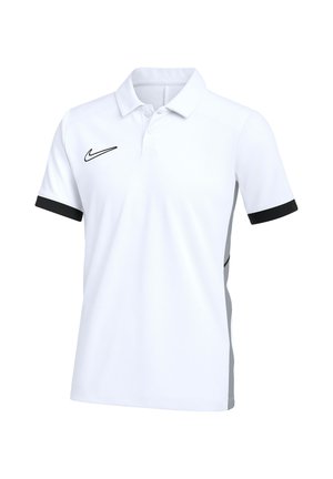 Weißes Nike-Poloshirt mit kurzen Ärmeln, schwarzem Logo auf der Brust und schwarzem Besatz an den Ärmelbündchen, vor weißem Hintergrund dargestellt.