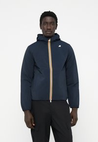 Navy hooded jacket with a front zipper featuring a yellow and red stripe. Lightweight fabric with elastic cuffs and side pockets.