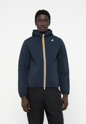 Navy hooded jacket with a front zipper featuring a yellow and red stripe. Lightweight fabric with elastic cuffs and side pockets.