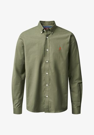 Kelių atspalvių žalias ilgomis rankovėmis marškinėliai su mygtukais ant kaklo, baltais mygtukais ir mažuoju raudonu logotipu krūtinėje. Lygaus medvilninio audinio, pritaikytas fasonas.