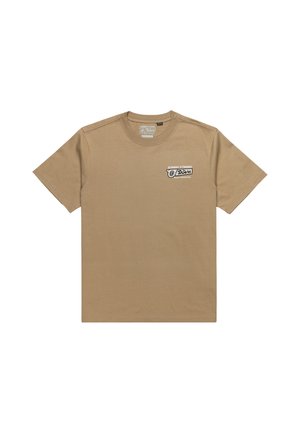 Brown cotton t-shirt with short sleeves and a crew neck. Features a graphic print on the left chest. Smooth texture, casual fit.
