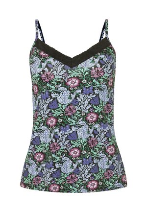 Blommig spagettitopp med tunna band, prydd med svart spetskant. Flerfärgad blommönster på en mörk bakgrund, mjuk textur.