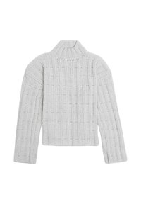 Gruby sweter z golfem w jasnoszarym kolorze, z fakturowanym prążkowaniem, szerokimi rękawami i pudełkowym krojem.