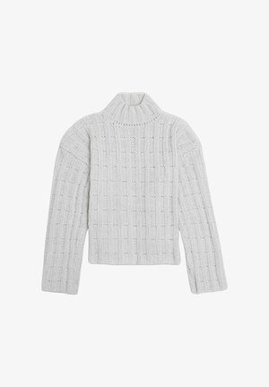 Gruby sweter z golfem w jasnoszarym kolorze, z fakturowanym prążkowaniem, szerokimi rękawami i pudełkowym krojem.