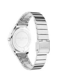 RVS horloge met een vlakke, ronde kast en een mesh armband. Beschikt over een gladde, gepolijste afwerking met gegraveerde merkinformatie op de achterkant.