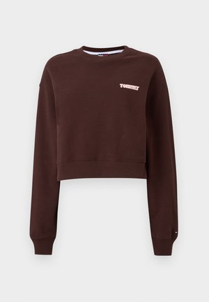 Barna, rövid fazonú pulóver hosszú ujjakkal, bordás mandzsettákkal és kerek nyakkivágással. A bal mellen világos rózsaszín logó található. Sima textúra.