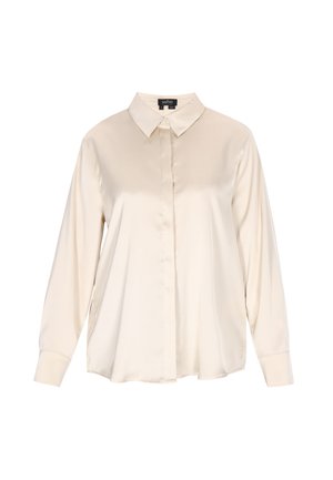 Bluză satinată bej deschis cu mâneci lungi, guler ascuțit, nasturi în față și croială lejeră. Textură netedă cu strălucire minimă.