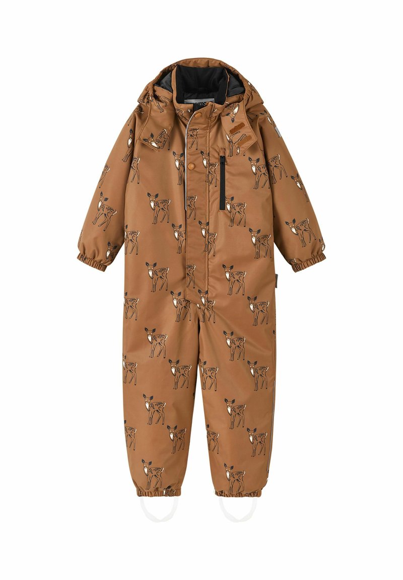 Brown waterproof jumpsuit with animal print, featuring elastic cuffs, attached hood, front zipper, and white foot straps for secure fit.