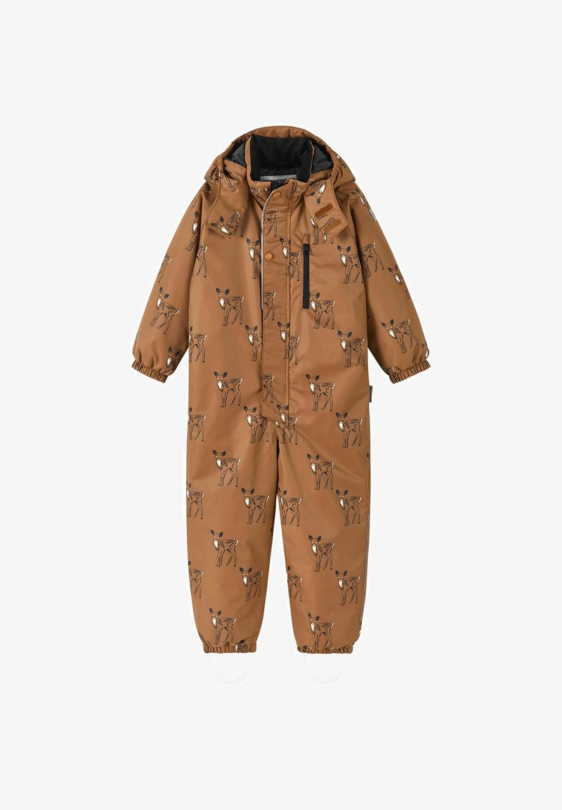 Brown waterproof jumpsuit with animal print, featuring elastic cuffs, attached hood, front zipper, and white foot straps for secure fit.