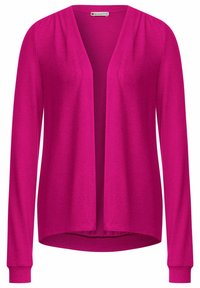 Cardigan fucsia con maniche lunghe, apertura frontale, texture a coste e orlo arrotondato. Realizzato in materiale morbido, presenta una vestibilità comoda.
