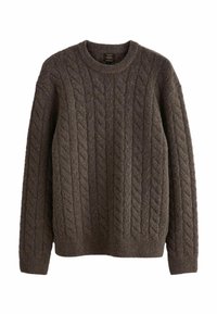 Maglione marrone lavorato a maglia caratterizzato da una trama a treccia, scollo rotondo e maniche lunghe. Realizzato in materiale caldo e morbido. Senza parti metalliche visibili.