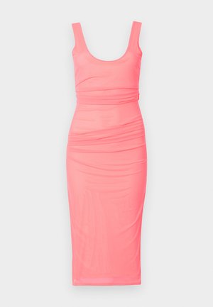 Caurvidēja midi kleita spilgti rozā krāsā. Gluda, elastīga auduma, ar apaļu kakla izgriezumu un savilkta vidukļa dizainu. Bez piedurknēm un līdz ceļiem.