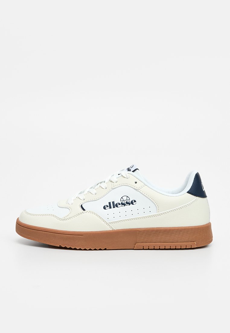 Weiße Leder-Sneaker mit marineblauen Akzenten, strukturiertem Gummisohle, perforierten Details an den Seiten, mit "ellesse"-Logo auf dem Obermaterial.