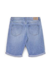 Light blue denim shorts with a rolled hem, featuring two back pockets and a leather logo patch on the waistband. Minimal fading visible.