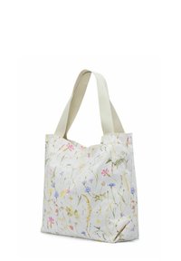Torebka typu tote w kwiatowy wzór, wykonana z lekkiego materiału z kremowymi uchwytami. Cechuje się lekko zarysowanym kształtem i miękką teksturą.