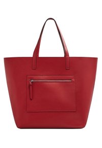 Bolso tote de cuero rojo con dos asas y un bolsillo exterior con cremallera en la parte frontal, exhibido sobre un fondo blanco.