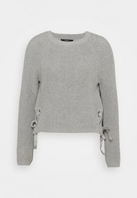 Szary sweter dziany z długimi rękawami, okrągłym dekoltem i wiązaniami po bokach. Teksturowana tkanina o krótkim kroju z prążkowanymi akcentami.