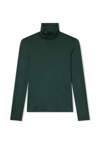 Ciemnozielony golf z długim rękawem, wykonany z gładkiego materiału, o dopasowanym kroju bez widocznych wzorów czy akcentów.