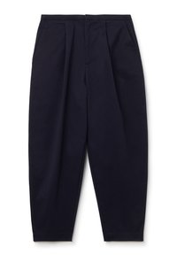 Pantalones de algodón azul marino con un corte holgado, que cuentan con pliegues, bolsillos laterales y piernas ajustadas. Textura suave y cintura oculta.