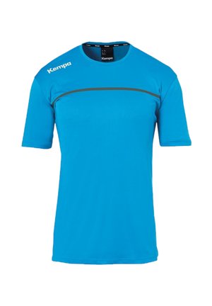 T-shirt d'athlétisme à manches courtes en bleu vif avec un col rond, doté d'une rayure grise horizontale et du logo "Kempa" en blanc sur l'épaule.