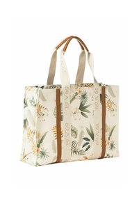 Tasje met een bloemenprint op crèmekleurige stof, met tan lederen accenten en beige hengsels waarop "19V69" in een herhalend patroon is weergegeven.