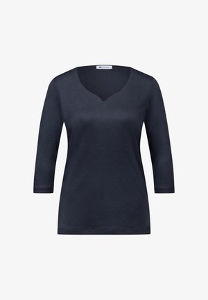 Maglietta blu navy con maniche a tre quarti e scollo a V. Realizzata in un materiale morbido e strutturato. Presenta un'orlo dritto e cuciture minime.