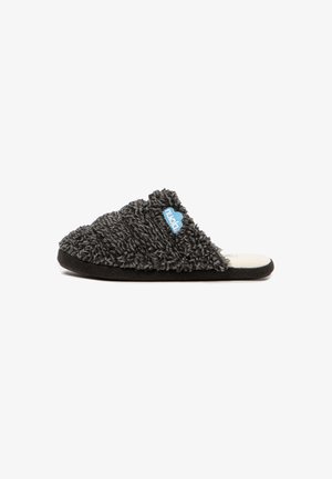 Dark gray fuzzy slipper with a plush texture, rounded toe, and soft sole. Features a blue logo accent on the upper side.